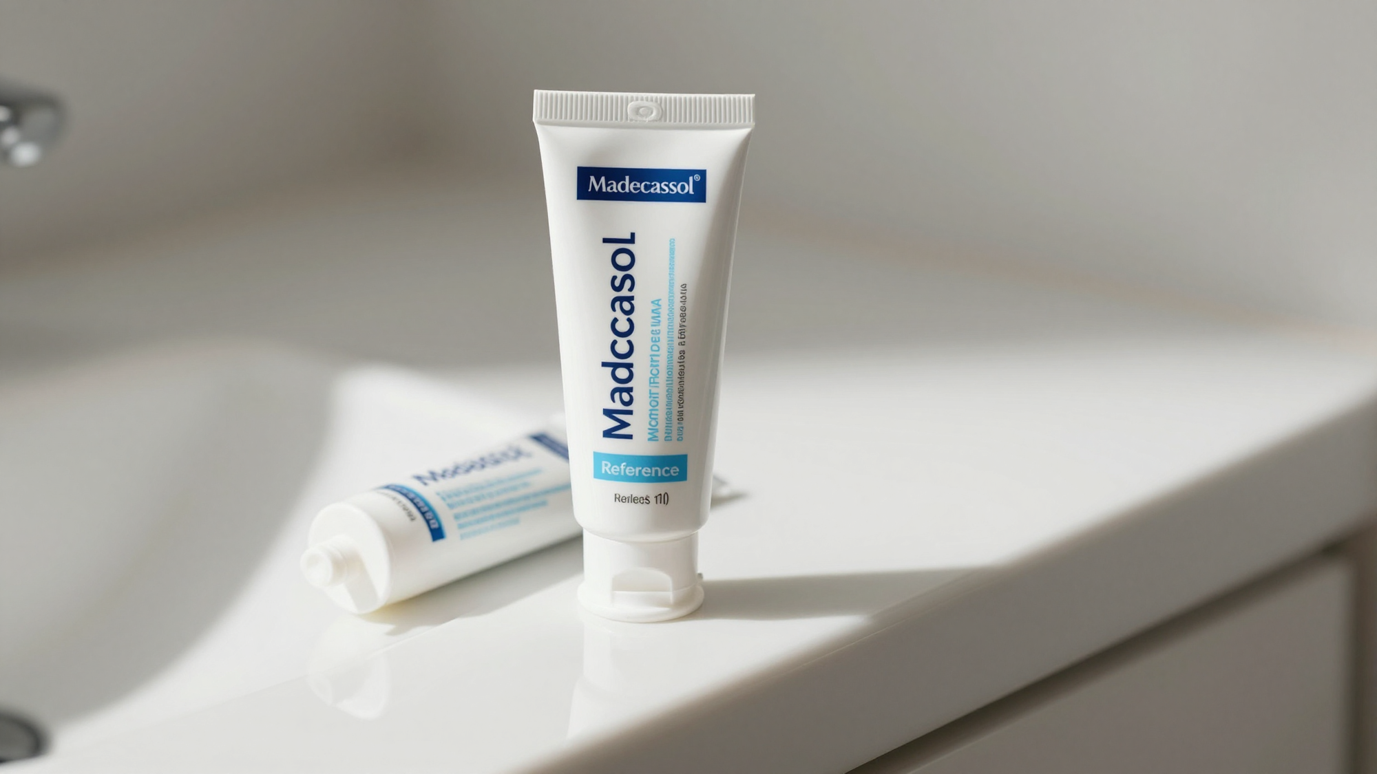 Madecassol cream on a bathroom shelf in natural light
