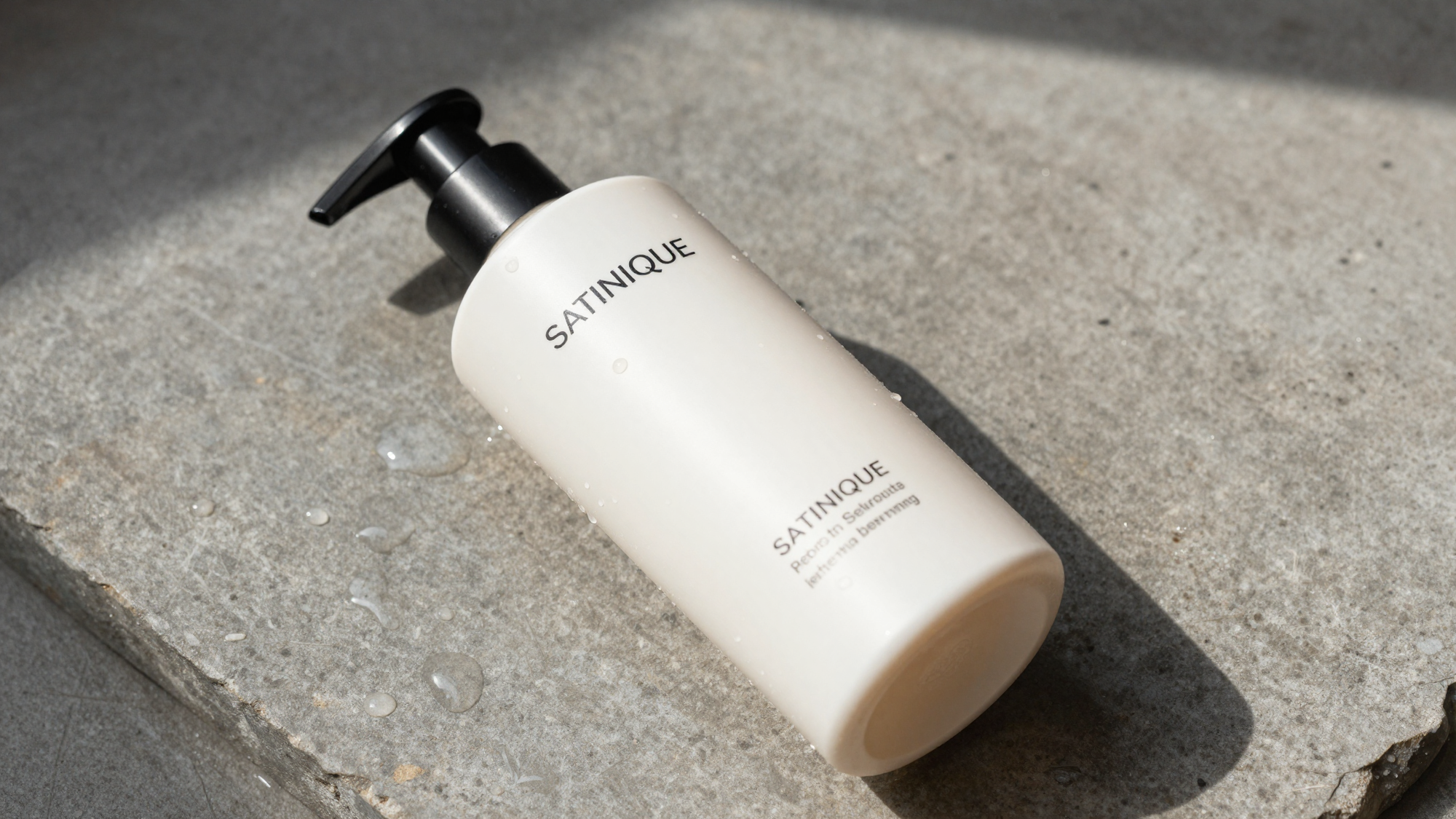 Satinique shampoo bottle on a wet stone surface with water droplets