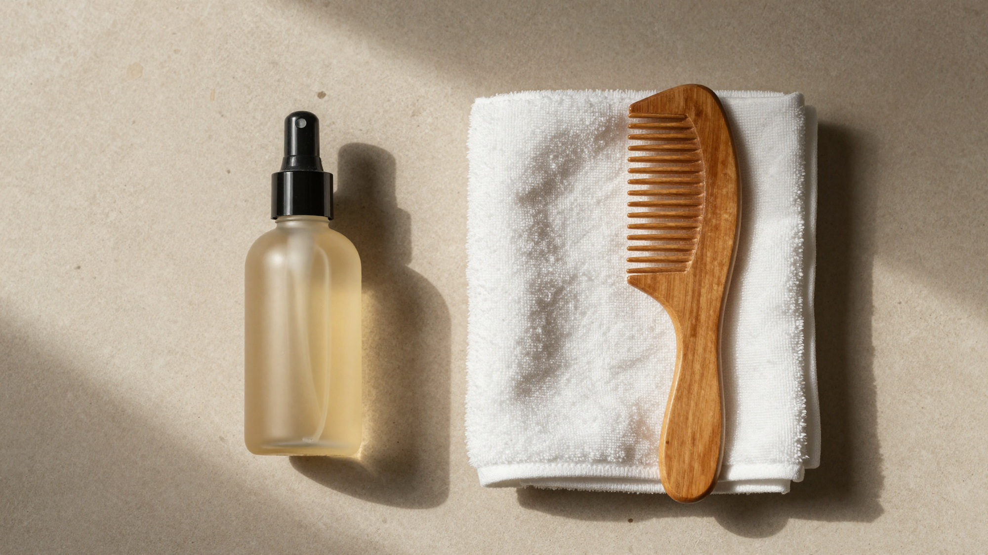 Minimalist flat lay of hair care products, including a serum bottle, on a stone surface.