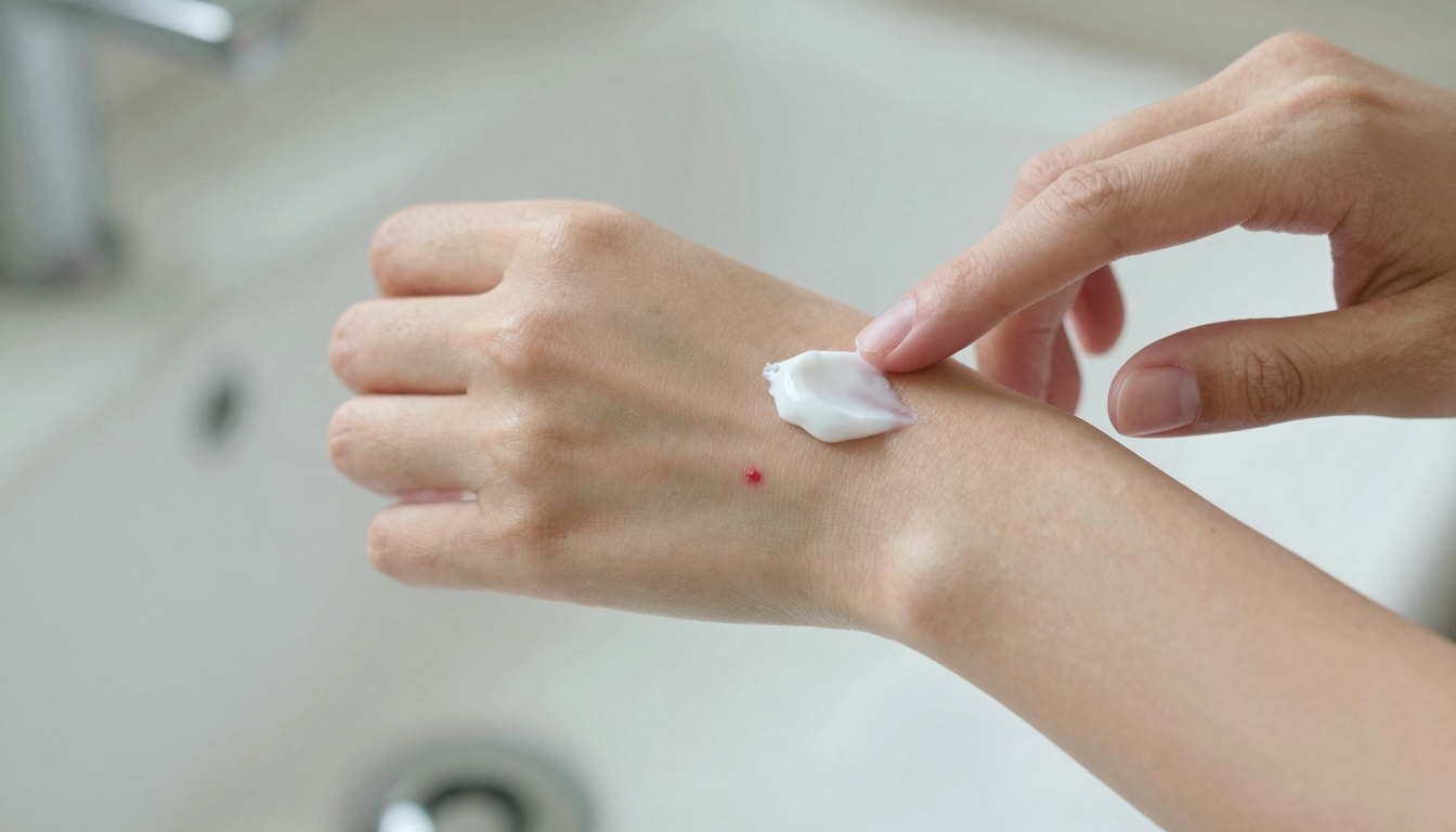 Hand applying a small dab of white cream to a red mark on the skin.