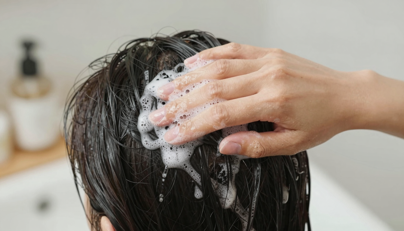 A person applying a clear shampoo to their wet scalp and hair.