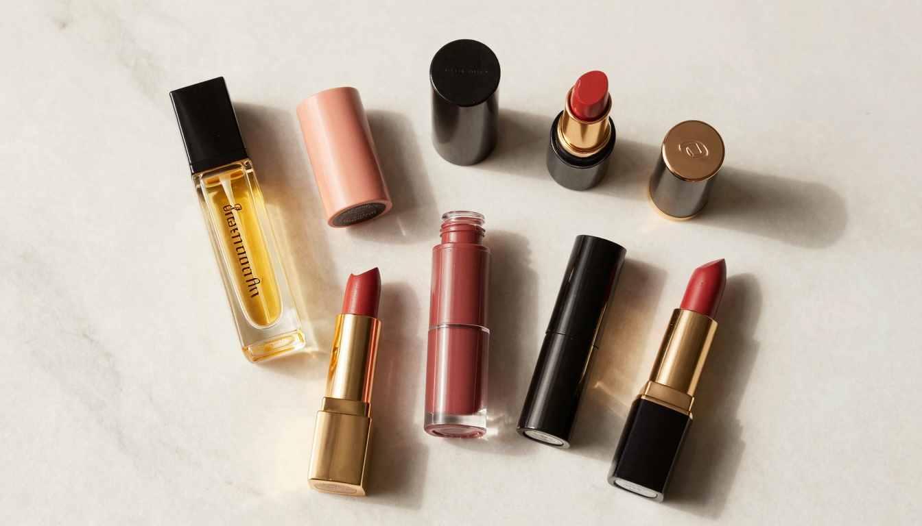 A collection of luxury lip products, including oils, balms, and lipsticks, neatly arranged on a marble surface.