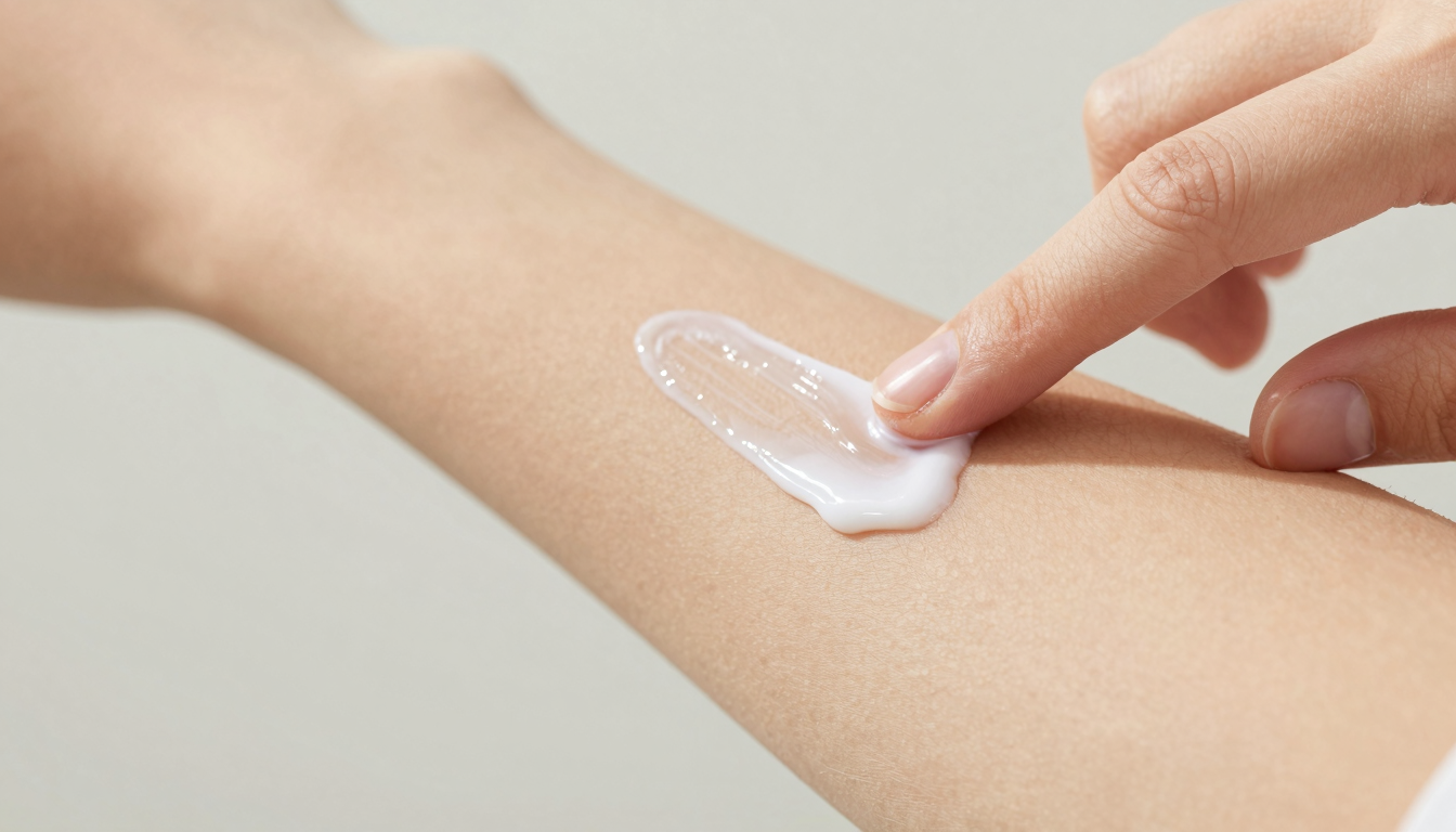 Fingertip applying a translucent healing cream to a scar on an inner forearm