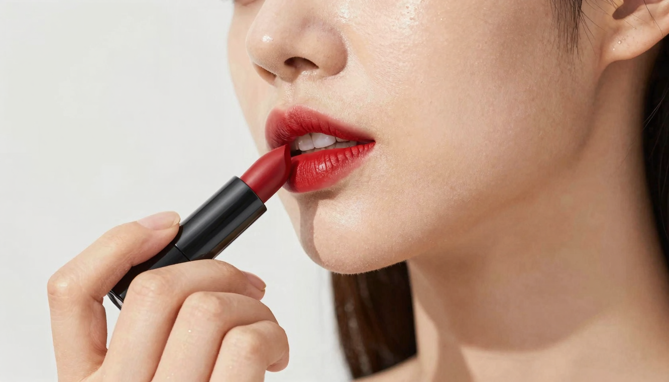 Woman applying Valentino lipstick in a close-up editorial shot