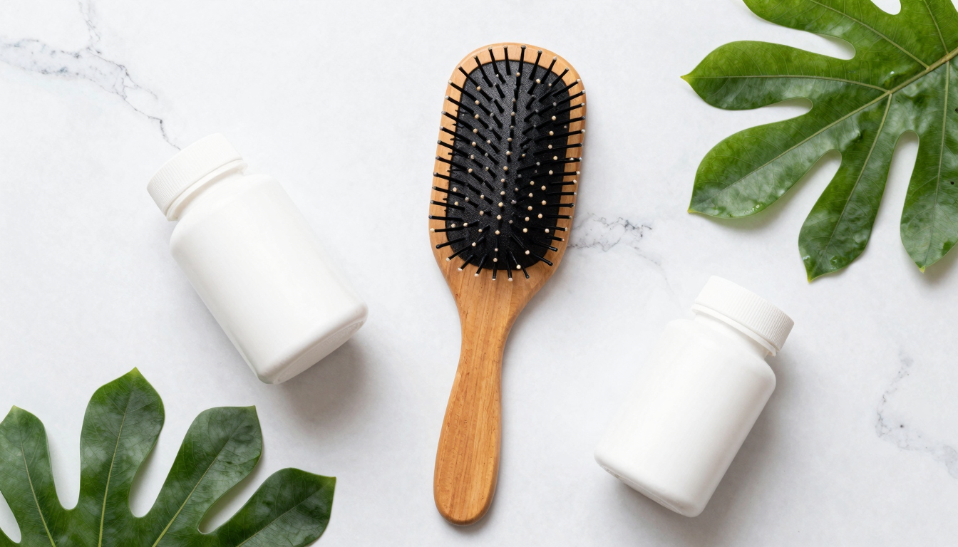 Flat lay of hair growth supplements, shampoo bottles, and a wooden hairbrush arranged on a marble countertop.