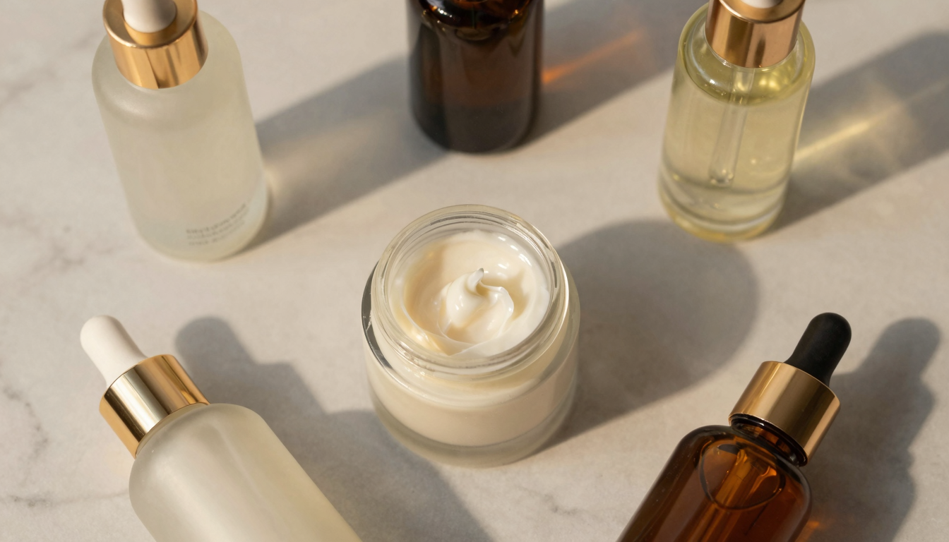 Flat lay of luxurious skincare bottles on marble surface in golden light.
