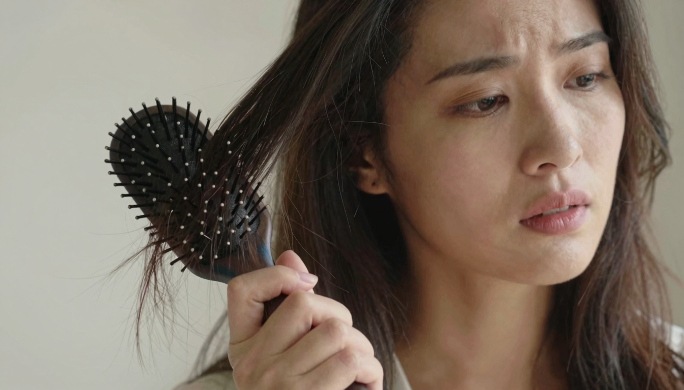 Woman examining hair loss in a mirror