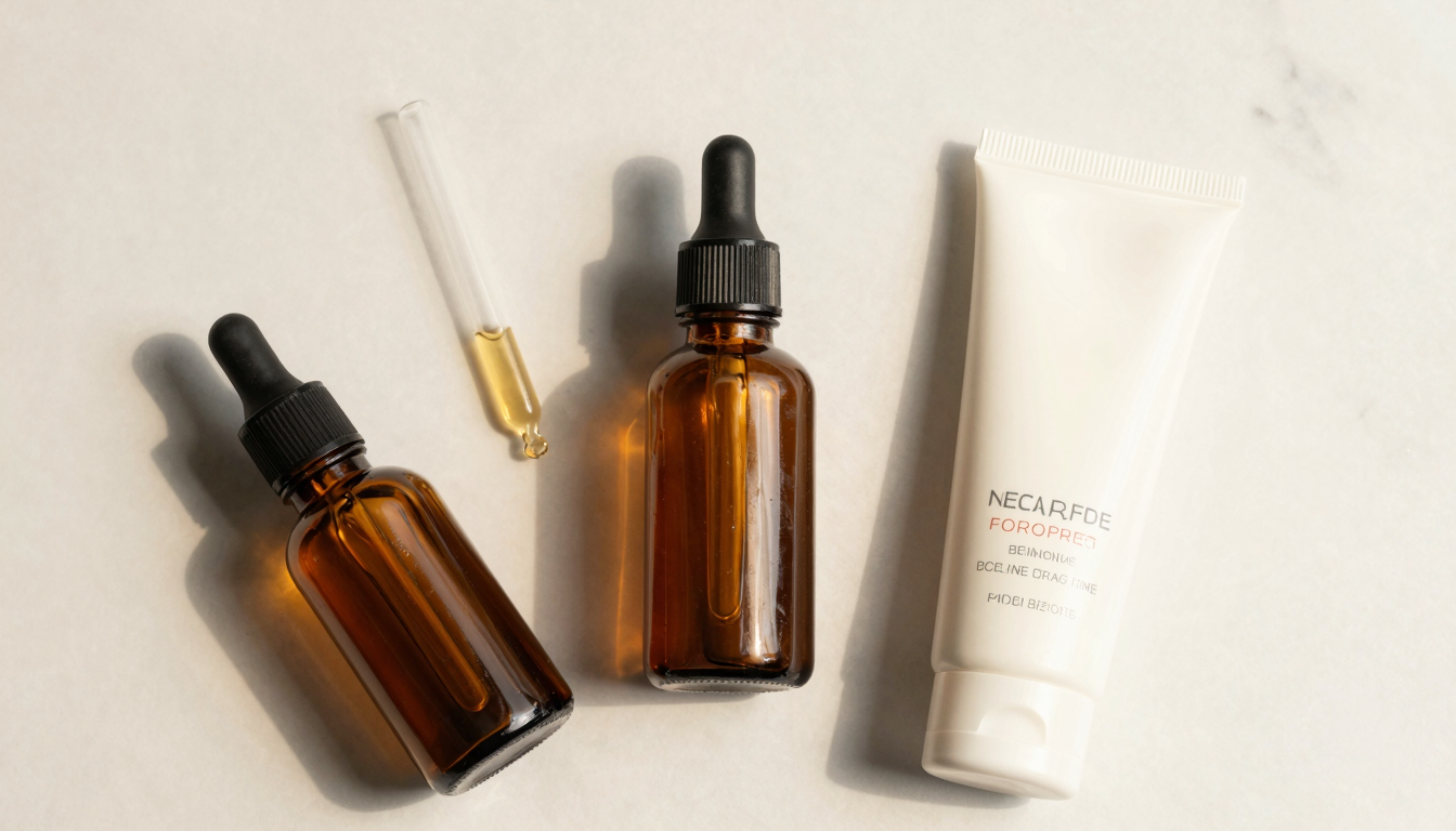Flat lay of skincare products including serum and sunscreen on marble
