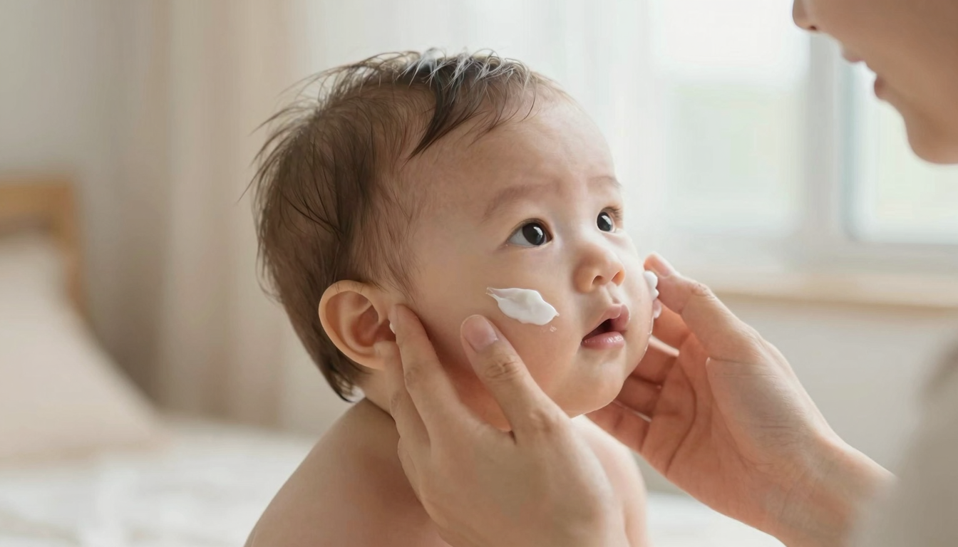 Mother gently applying soothing cream to her baby's cheek in soft natural light