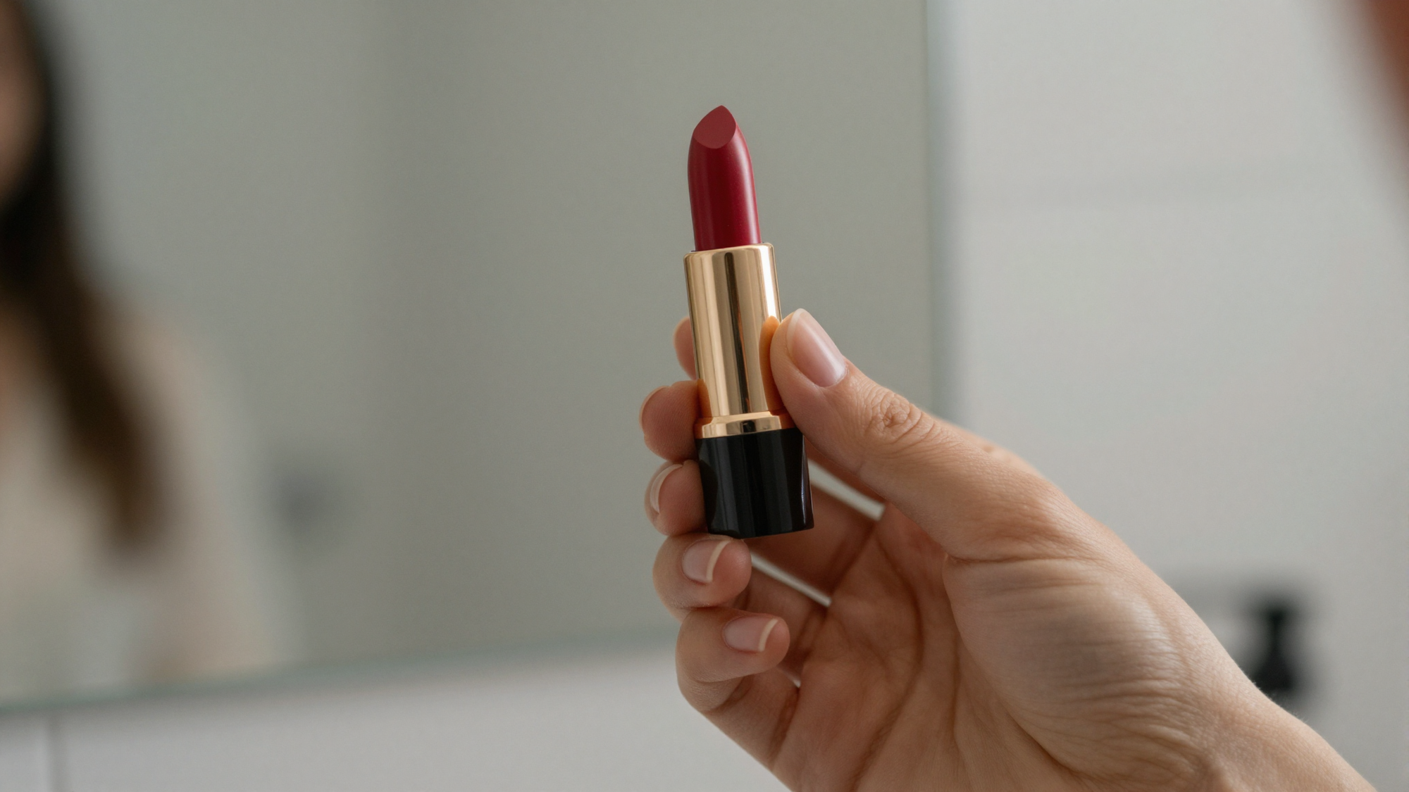 Person applying red lipstick in front of bathroom mirror