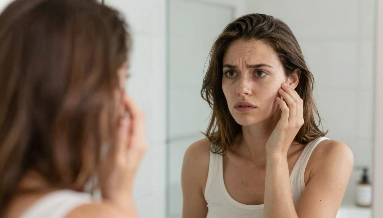 A woman gently touching her hair while looking in a bathroom mirror with morning light