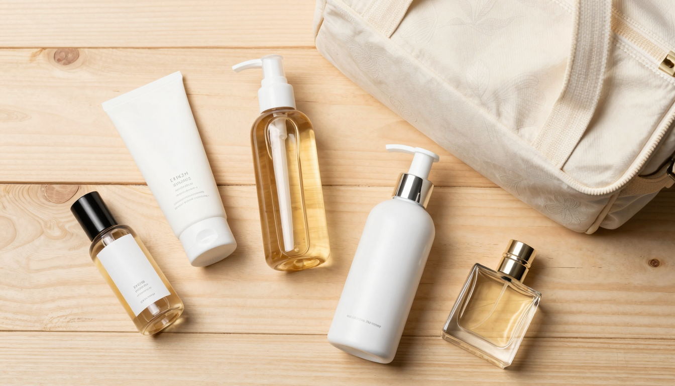 Flat lay of travel-sized skincare products and a mini perfume next to a diaper bag