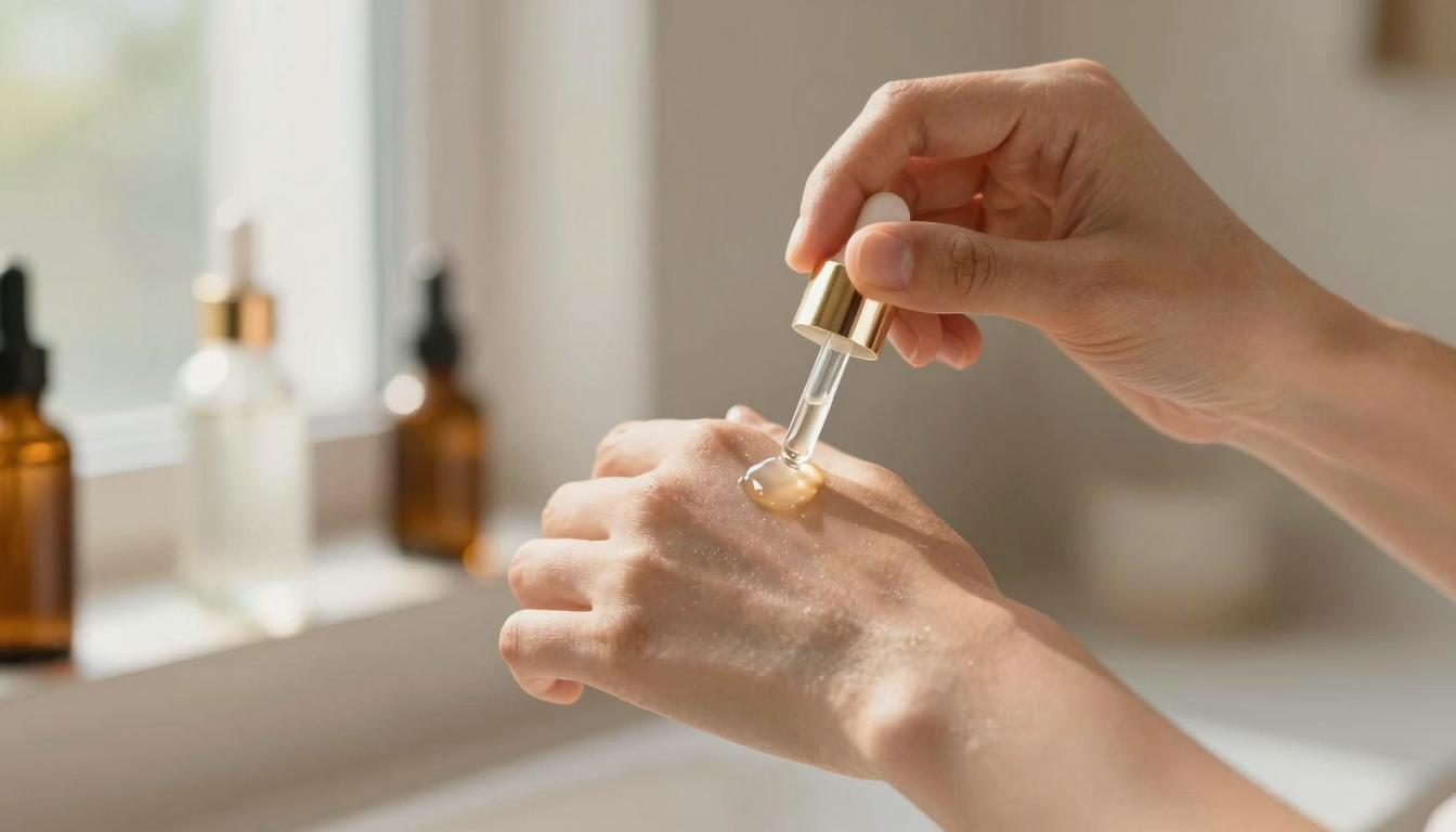 Person applying a luxury anti-aging serum to their face in a bright bathroom setting