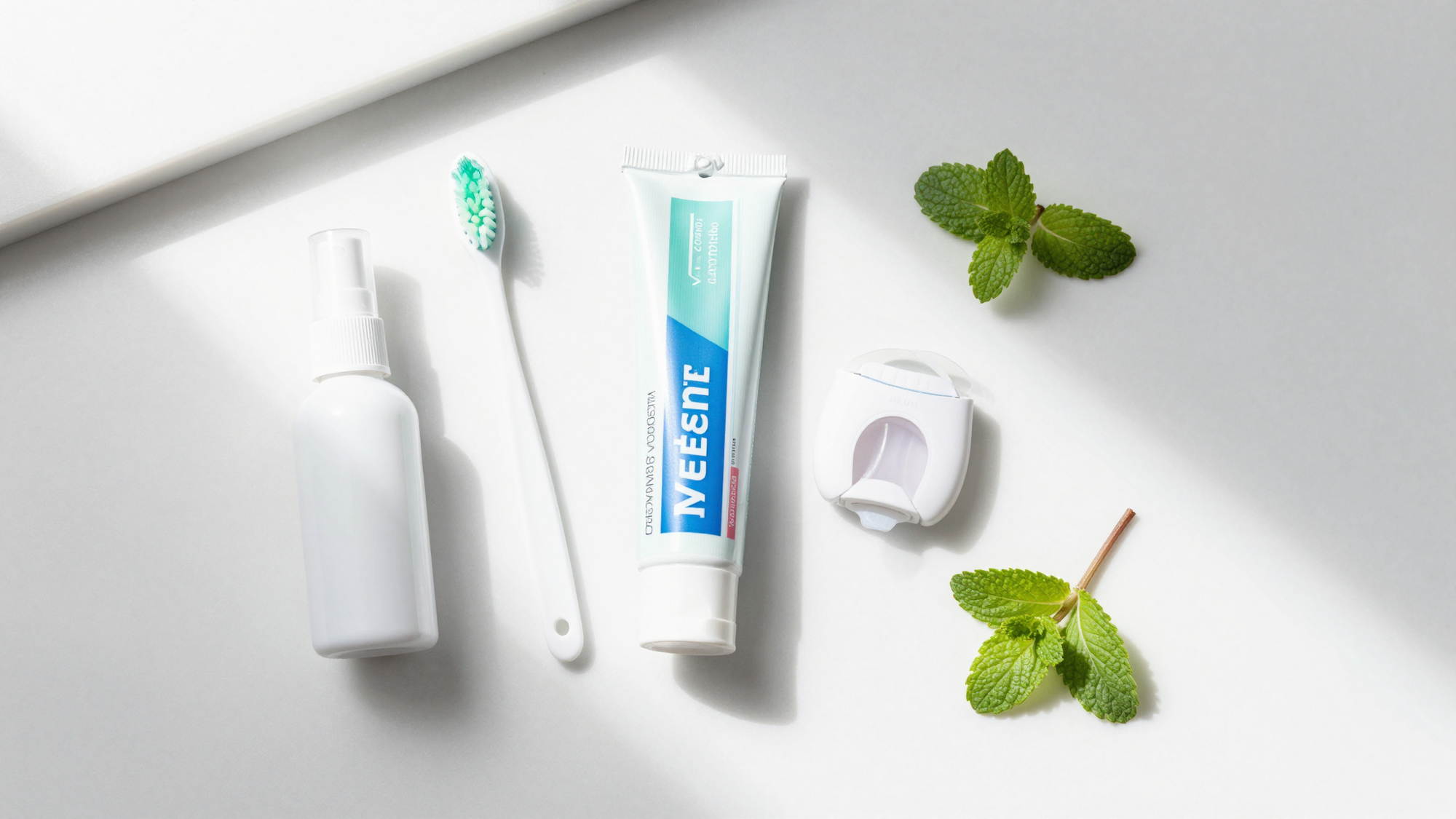 Fresh breath essentials including mouth spray, toothpaste, and floss on a clean white surface.
