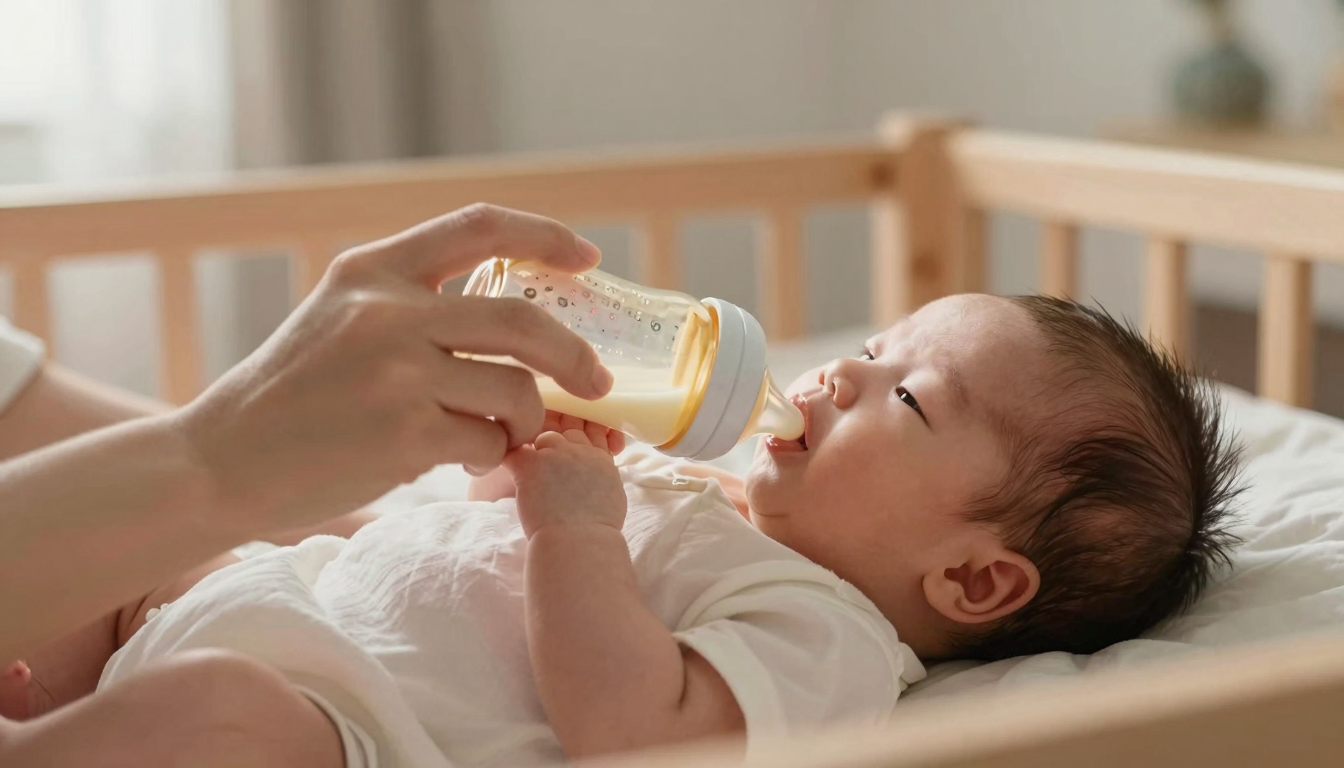 Newborn being fed with a glass bottle in a cozy home setting