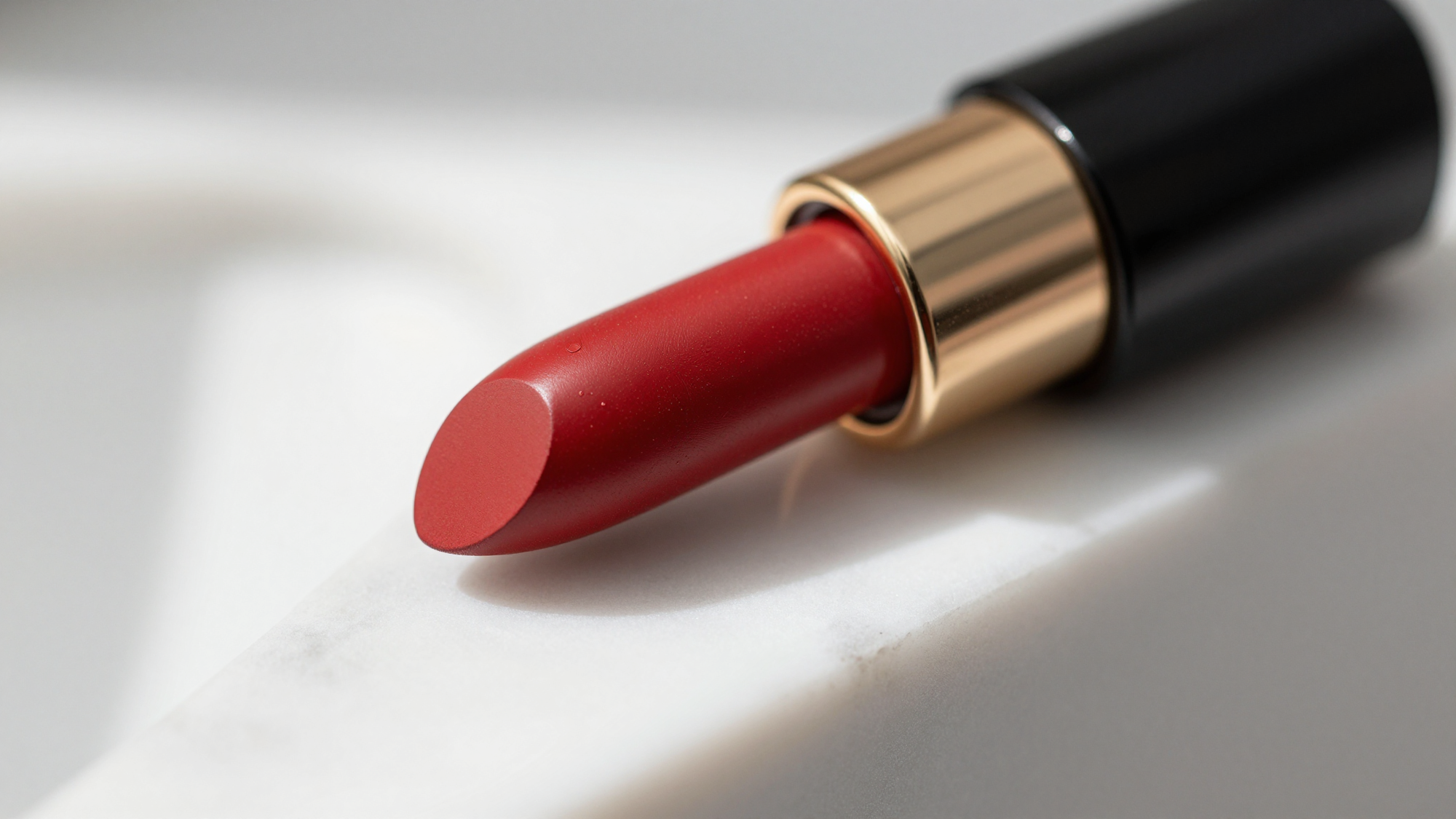 A close-up of a vibrant red luxury lipstick bullet resting on a clean white marble vanity