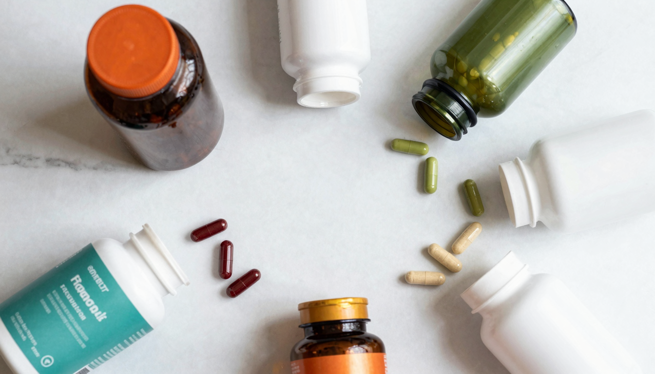 Assorted dietary supplement bottles on a marble countertop