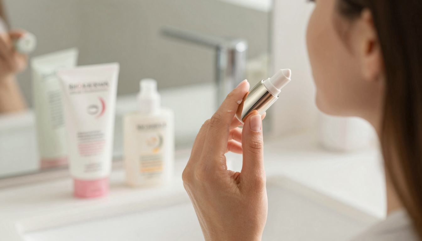 Person applying serum before sunscreen as part of a morning skincare routine