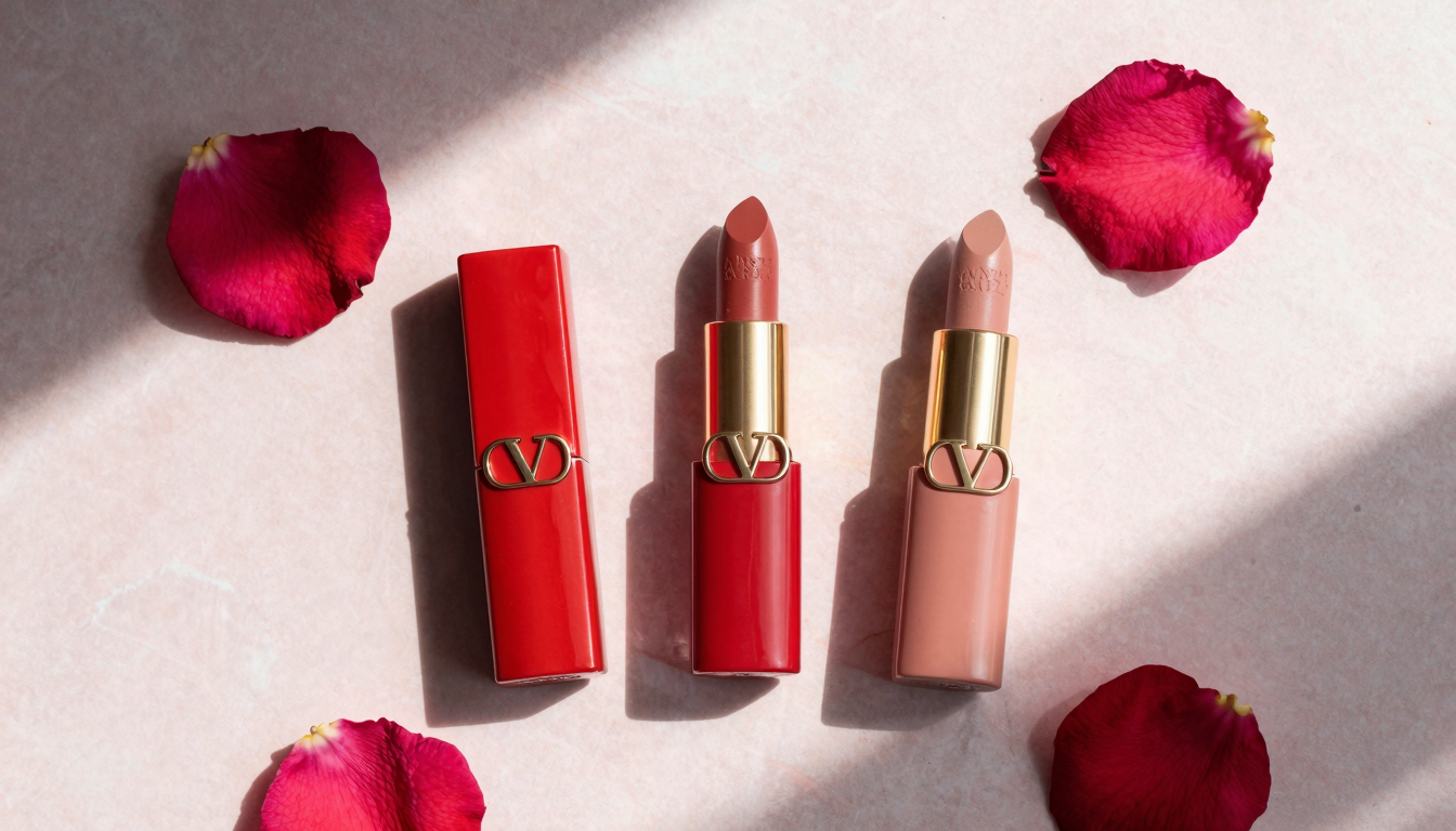 Valentino lipstick tubes on marble surface