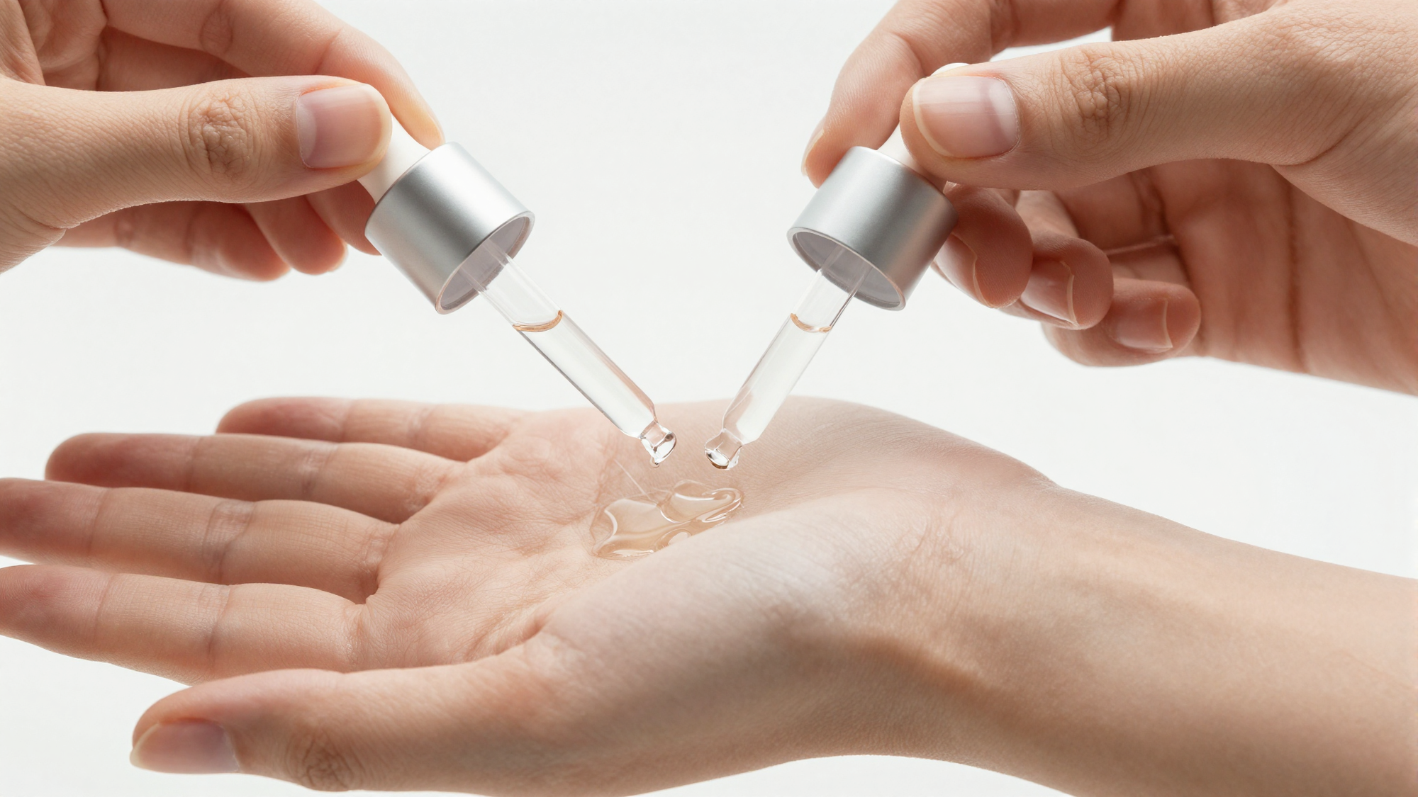 Hand dispensing serum from a dropper into a palm