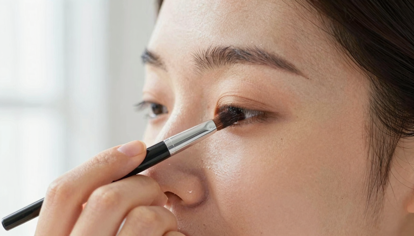 Close-up of person applying concealer under eye with brush