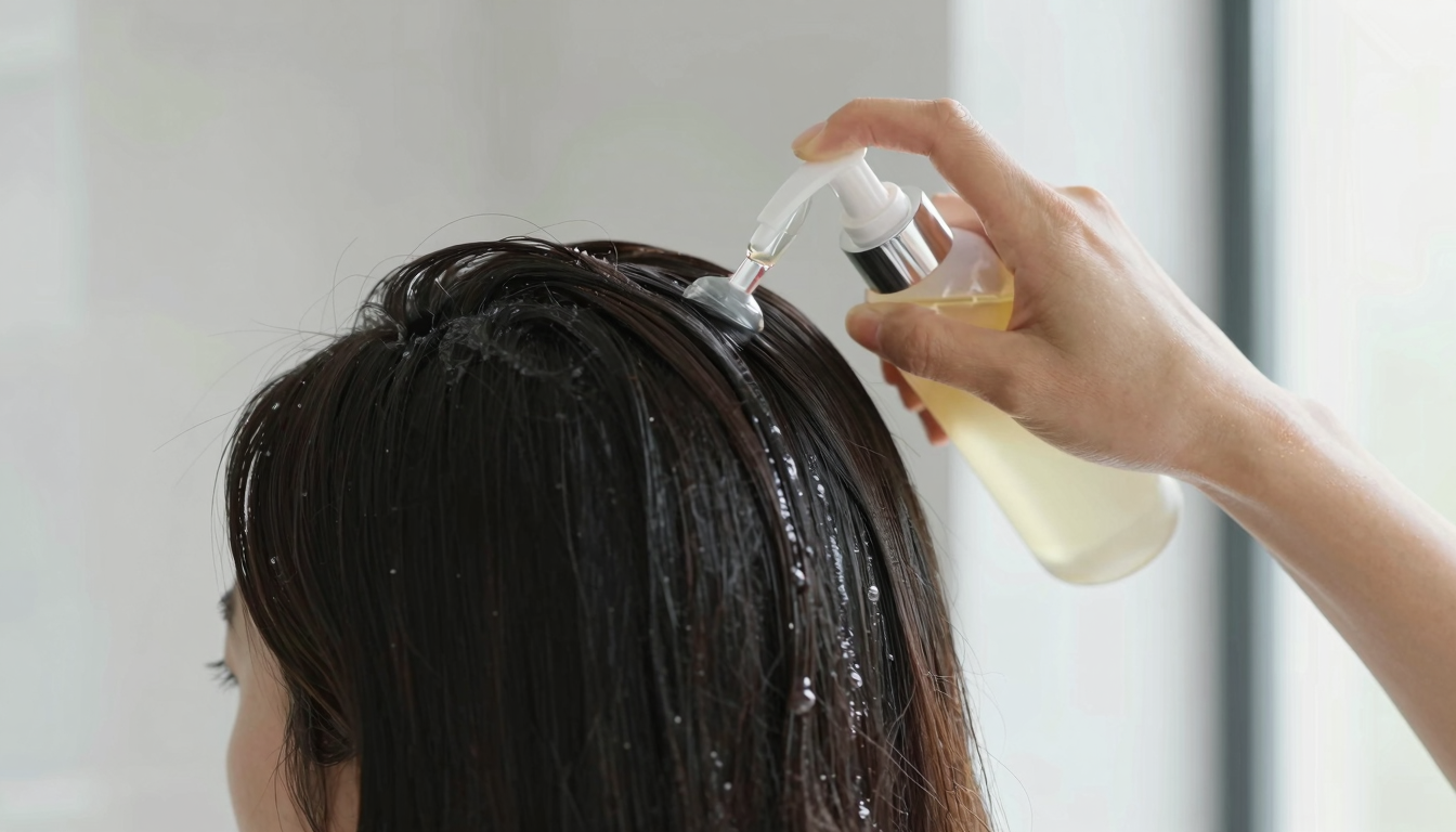 Woman applying a scalp treatment serum to her part line in a bathroom with natural light