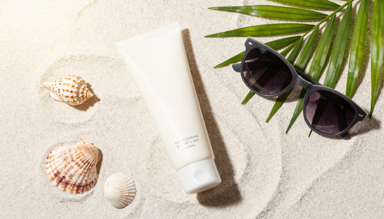 Beach essentials including tanning gel and sunglasses