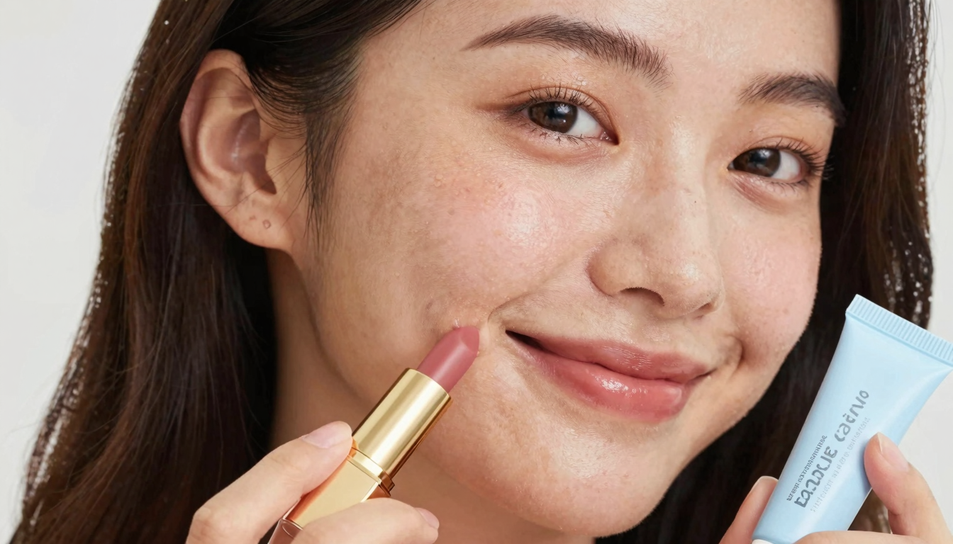 Woman with sensitive skin applying Valentino lipstick after using Turkish pharmacy zinc cream