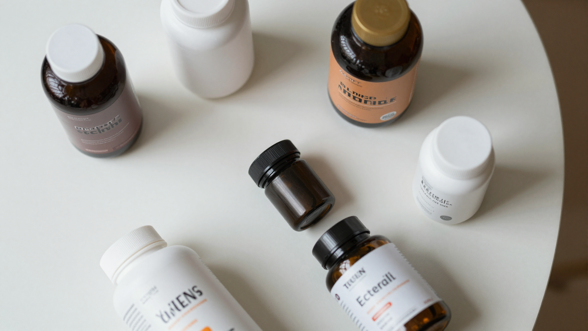 Overhead flat lay of various supplement bottles on a white table with soft natural light