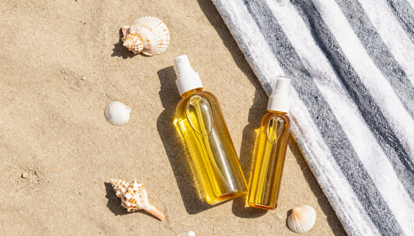 Tanning oil bottles on beach towel with seashells