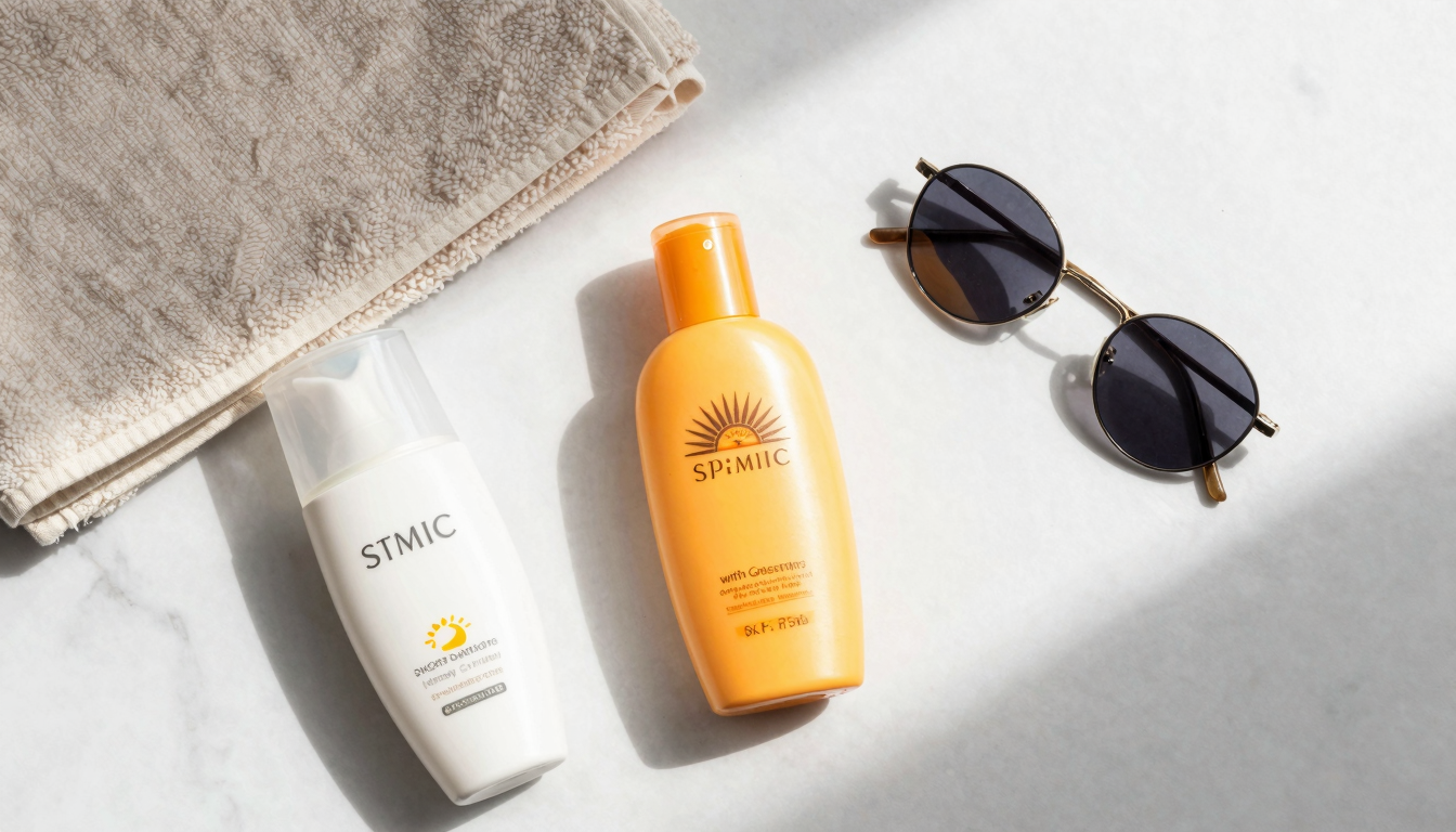 Flat lay of several sunscreen bottles with a towel and sunglasses on a bright bathroom counter
