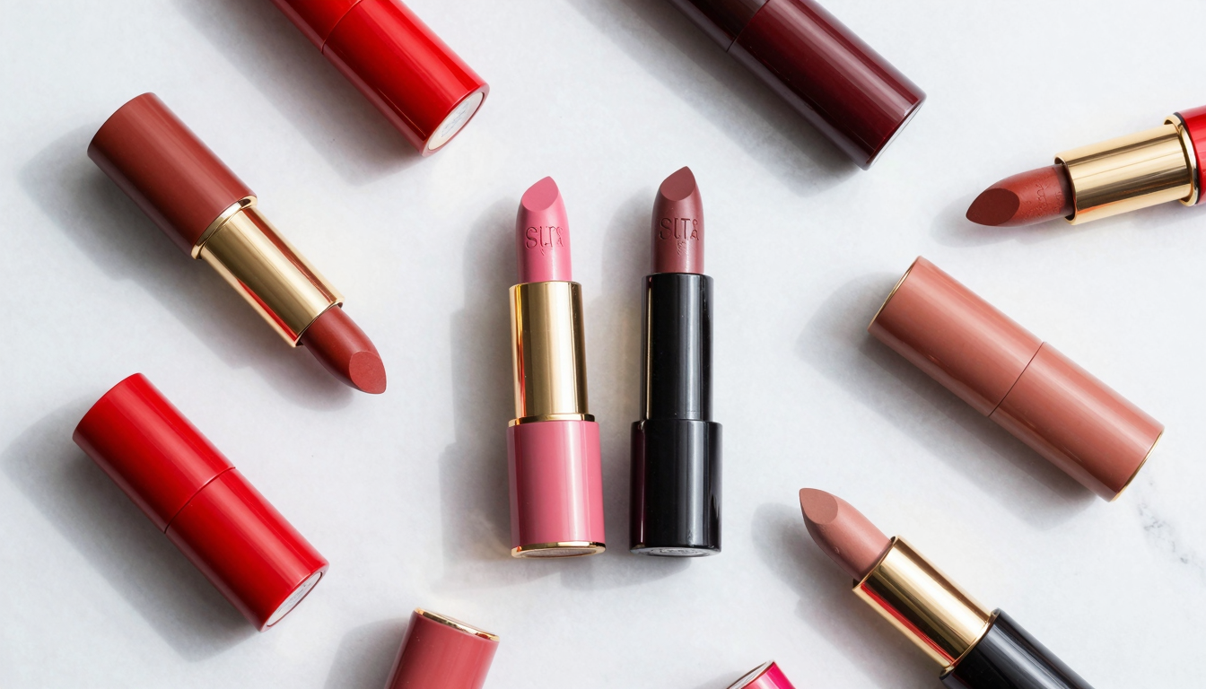 Assortment of luxury lipsticks on a marble surface