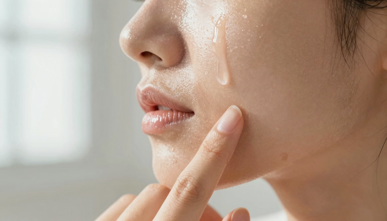 Hands applying anti-aging serum to glowing skin