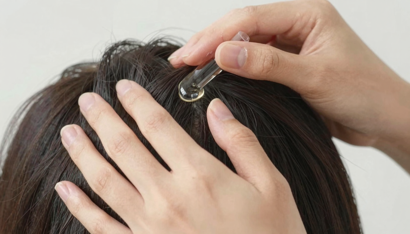 Person applying hair loss treatment serum to scalp with fingertips