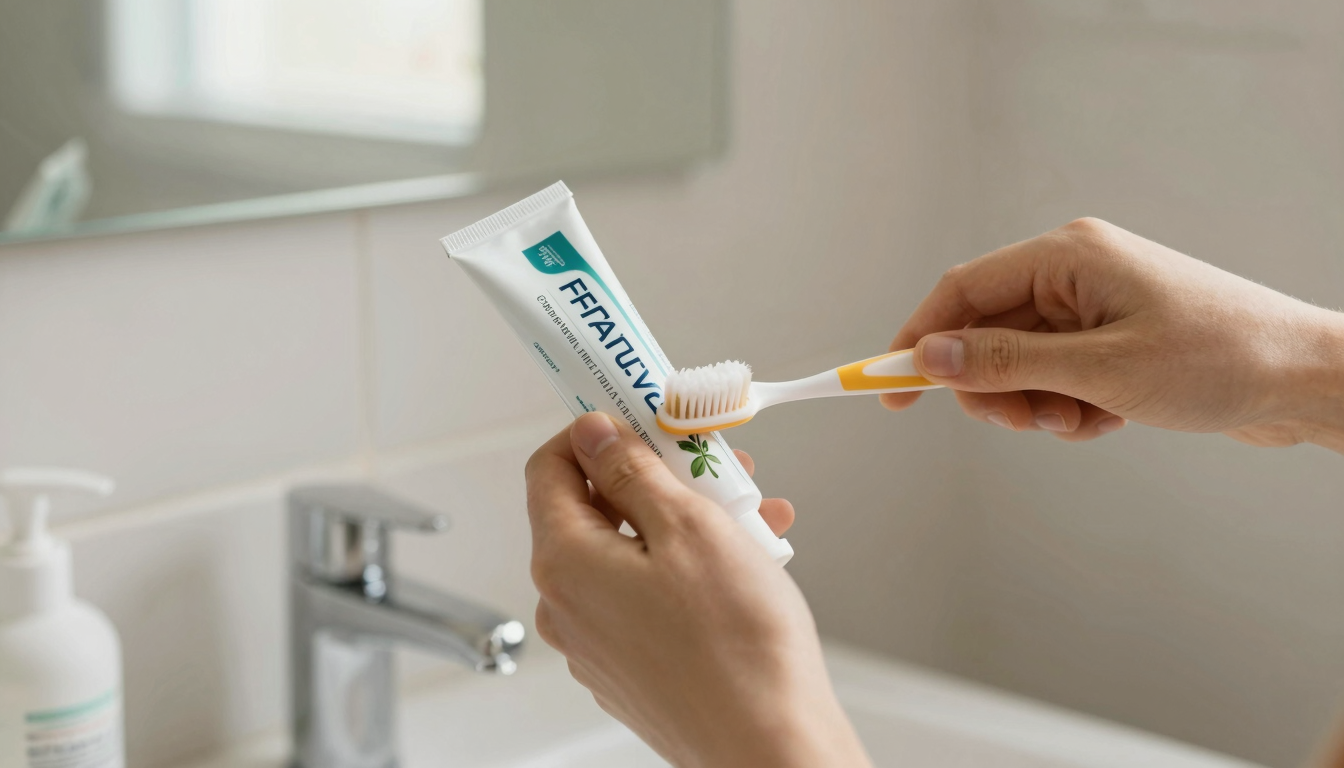 Person applying toothpaste to toothbrush in a bright bathroom with natural light, capturing a morning oral care routine