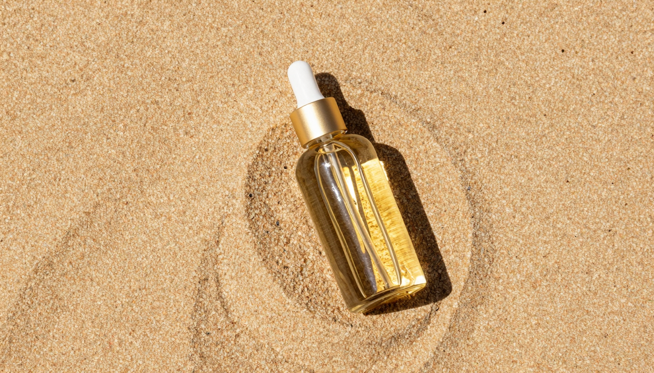 Bottle of tanning oil on a beach with sunlight