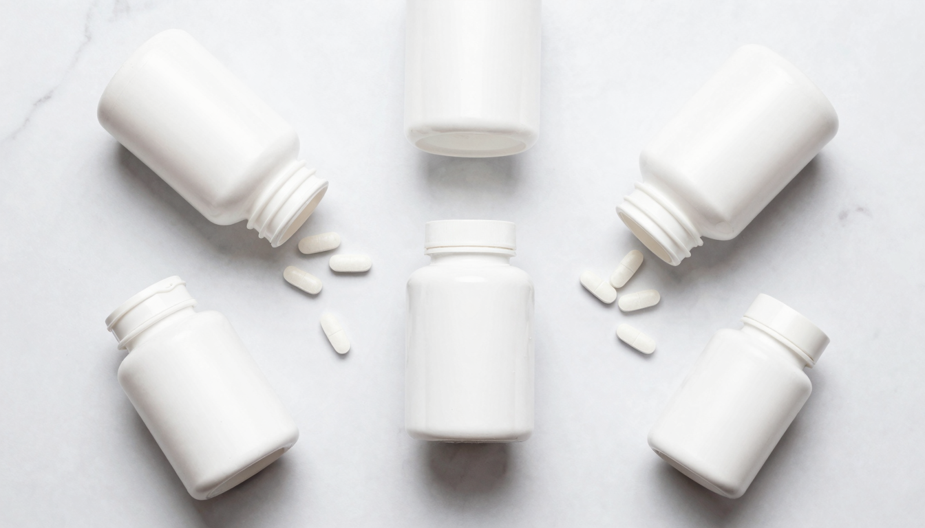Flat lay of various supplement bottles and tablets arranged on a white marble surface