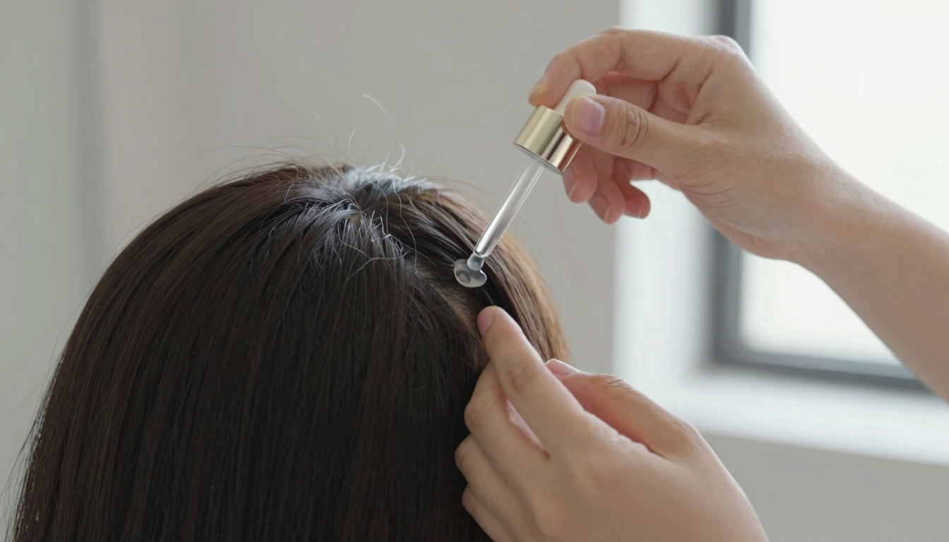 Person applying clear hair serum onto scalp with fingertips