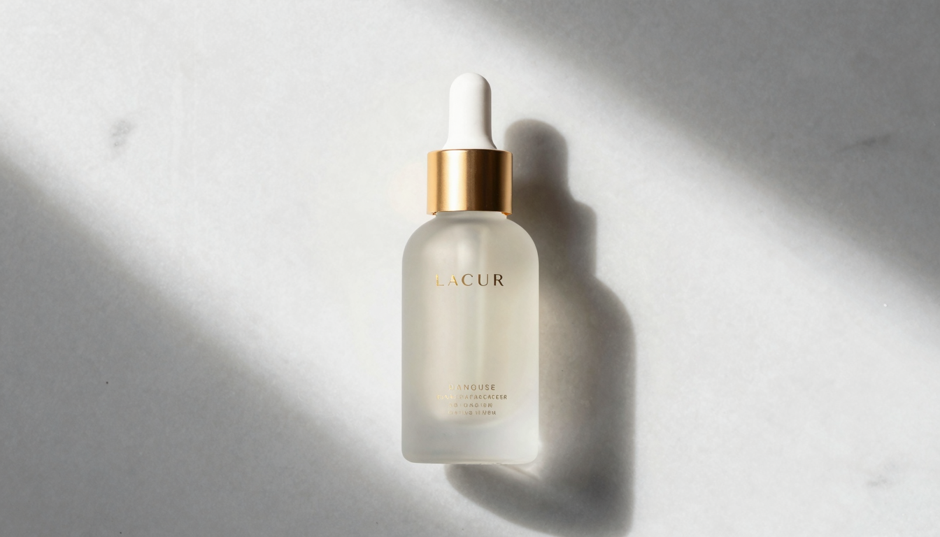 Frosted glass serum bottle on a marble surface with soft morning light, minimalist skincare composition