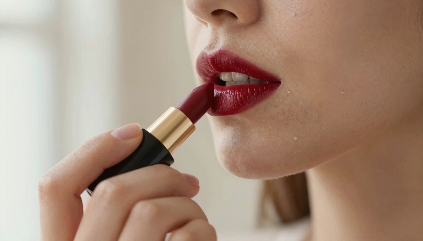 Woman applying red lipstick in natural light