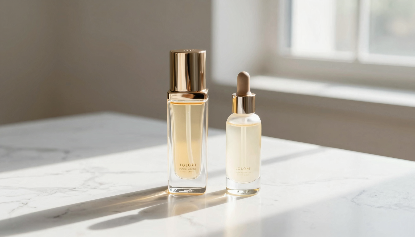 Three elegant serum bottles on a marble surface with soft morning light