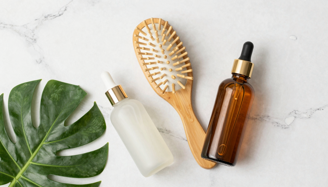 Flat lay of various hair care products and a bamboo brush on a marble surface