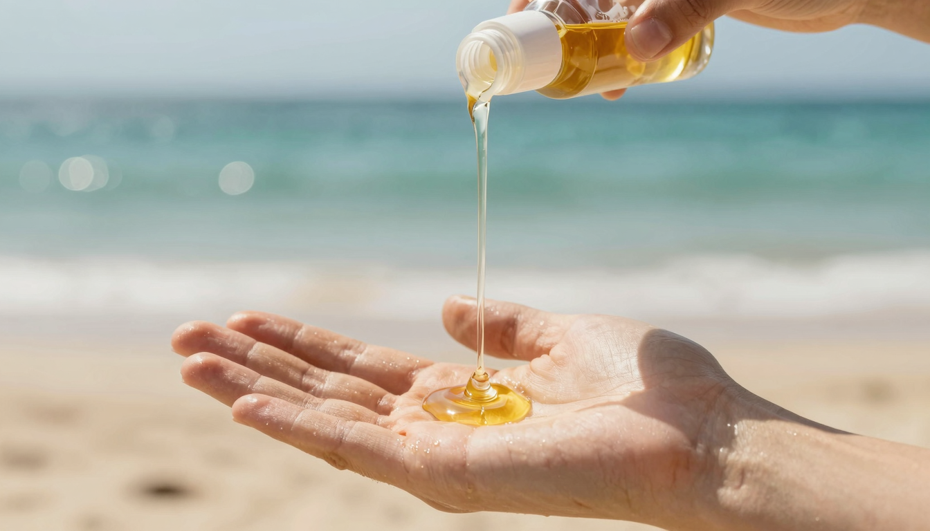 Golden tanning oil being poured onto a hand with a sunny beach background