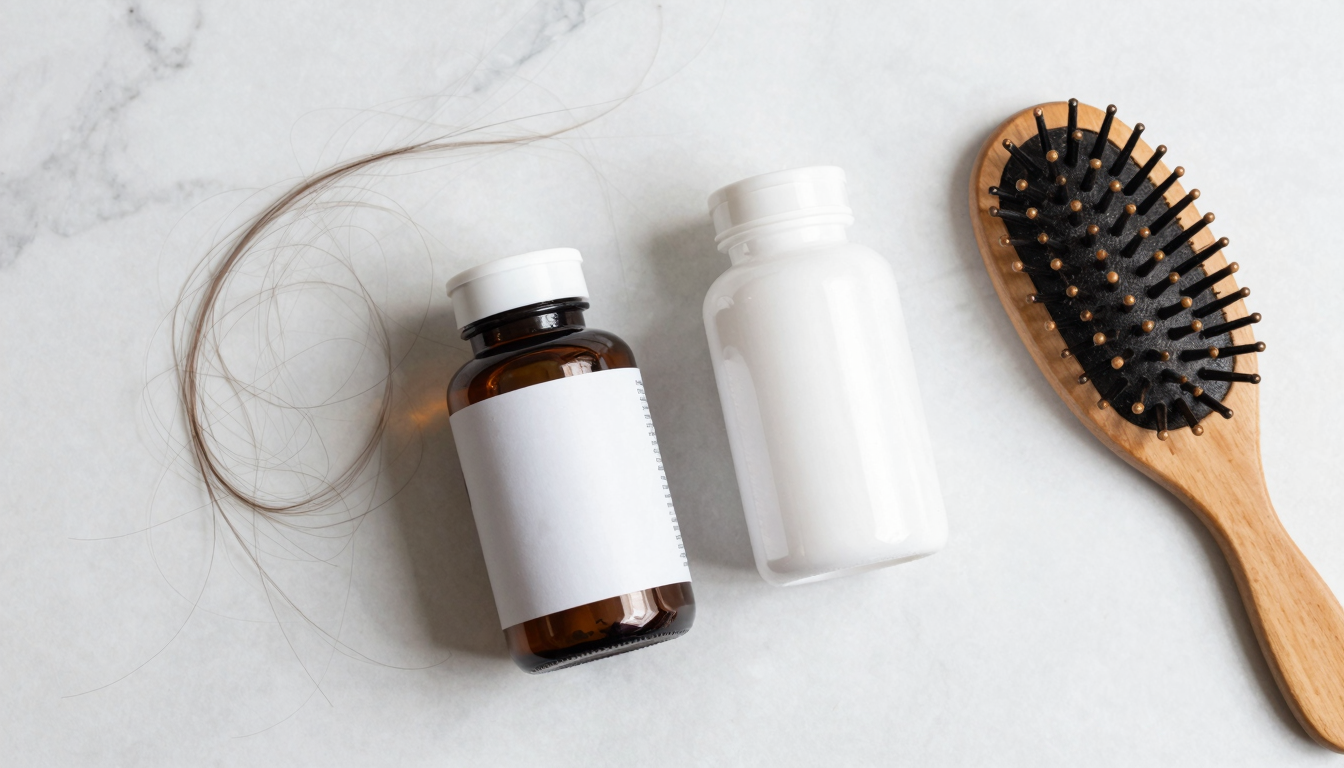 Nourkrin and Perfectil supplement bottles on a marble surface with a hairbrush