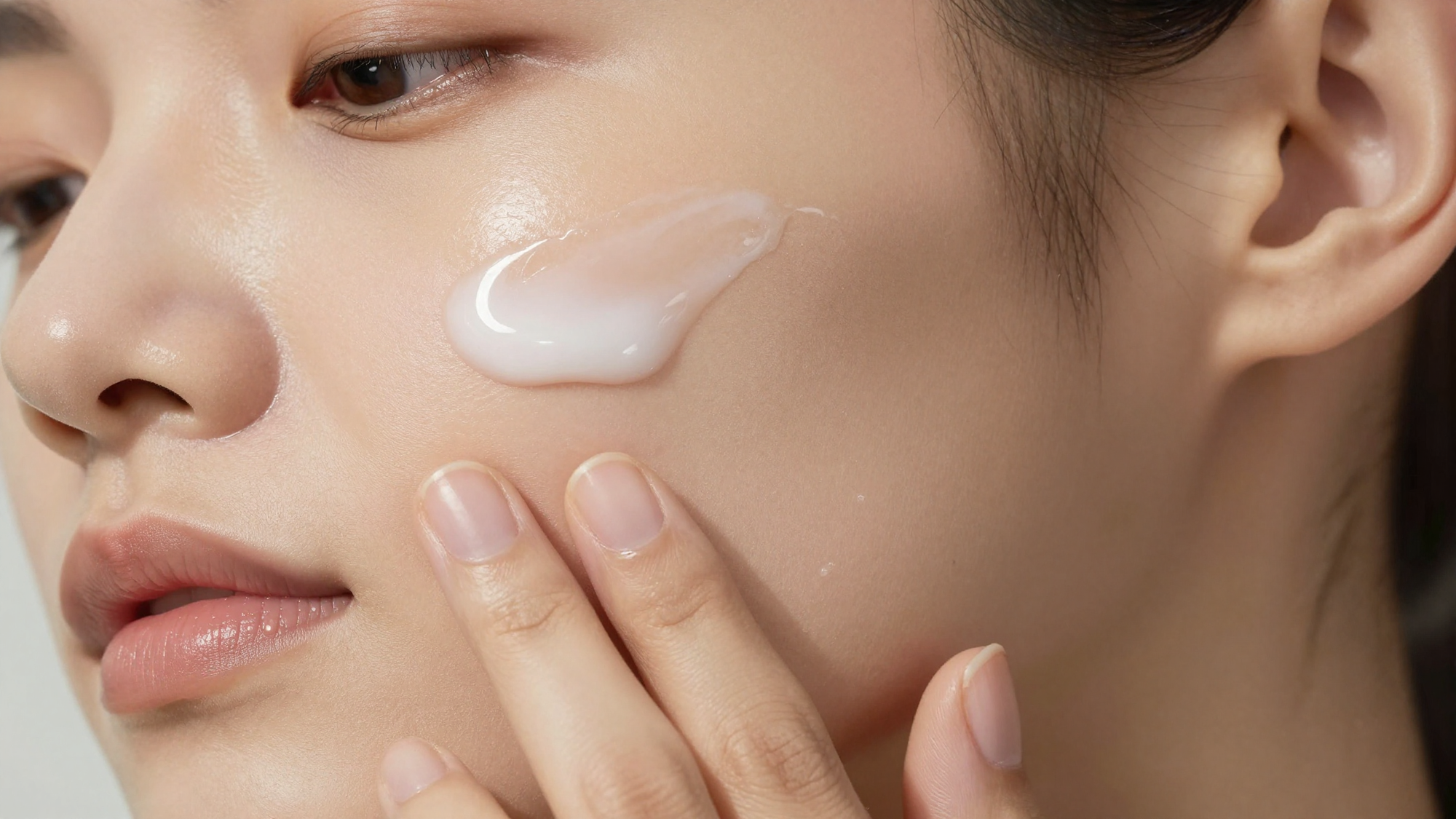 Woman applying Darphin Exquisage serum to her face, focusing on the cheek area to show the milky texture.
