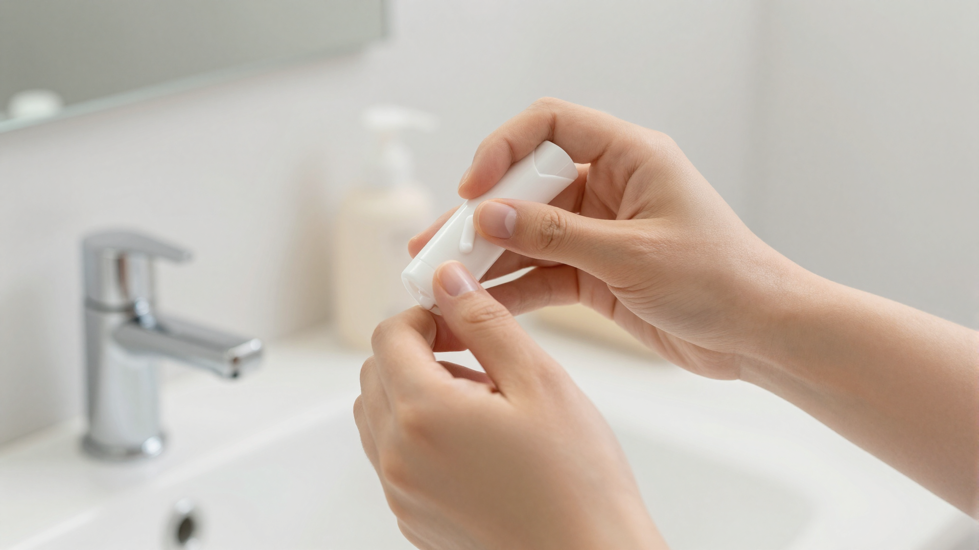 Person applying liquid sunscreen to their face in front of a bathroom mirror