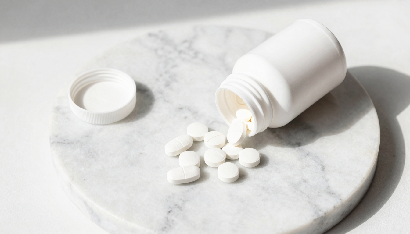 Flat lay of Turkish supplement bottles on marble