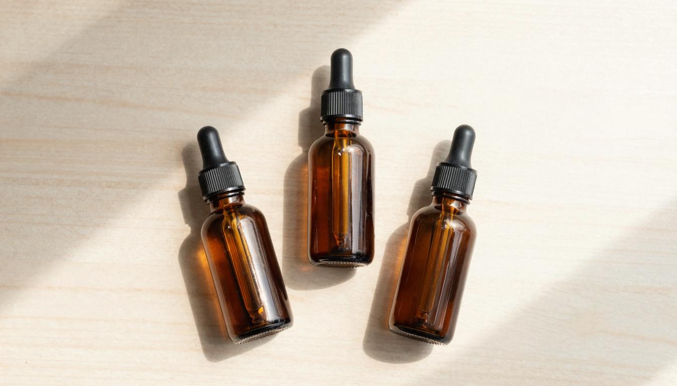 Flat lay of amber glass dropper bottles with facial oils on a wooden surface in soft natural light