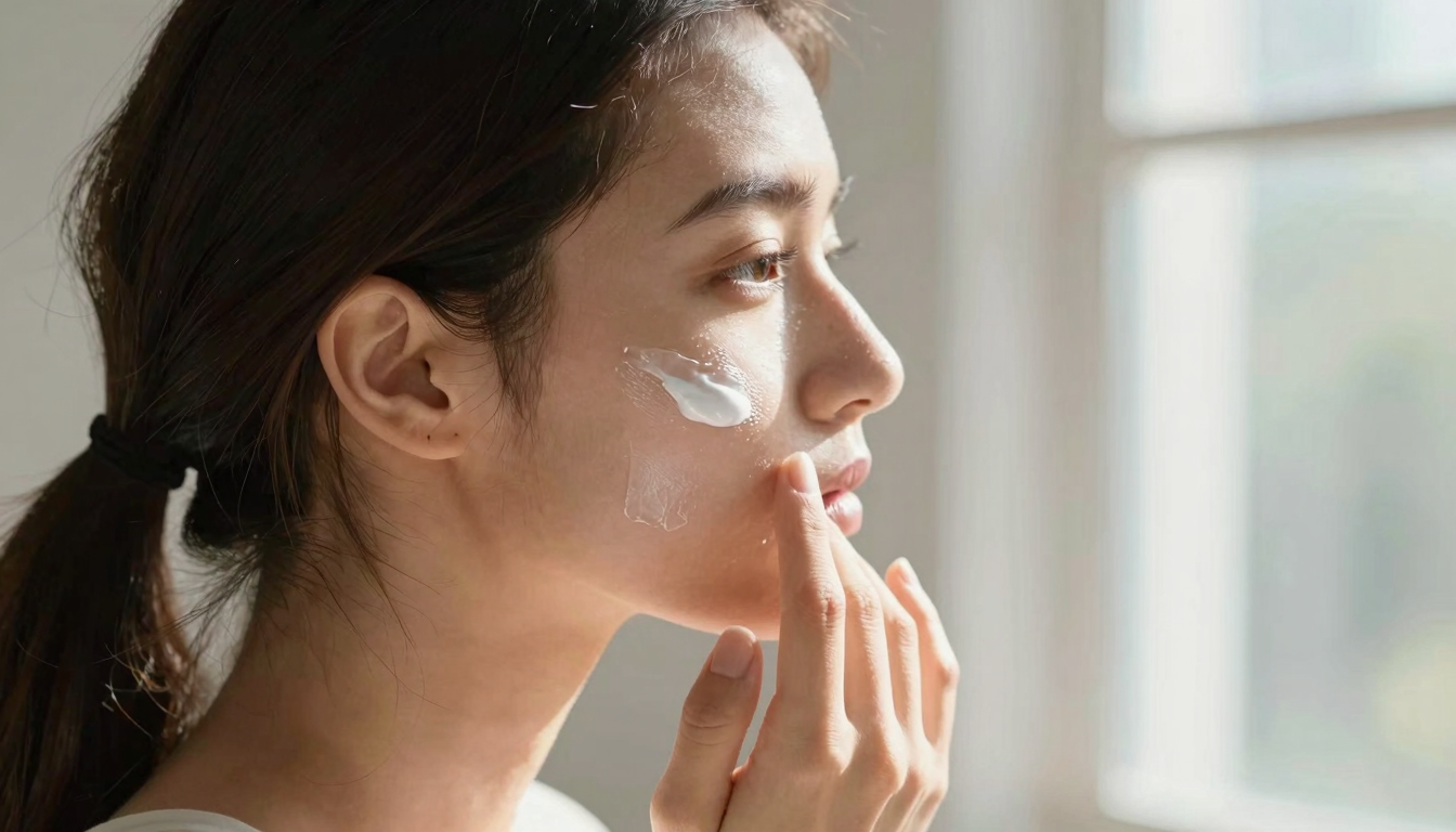 A person applying a lightweight gel cream on her face in natural morning light
