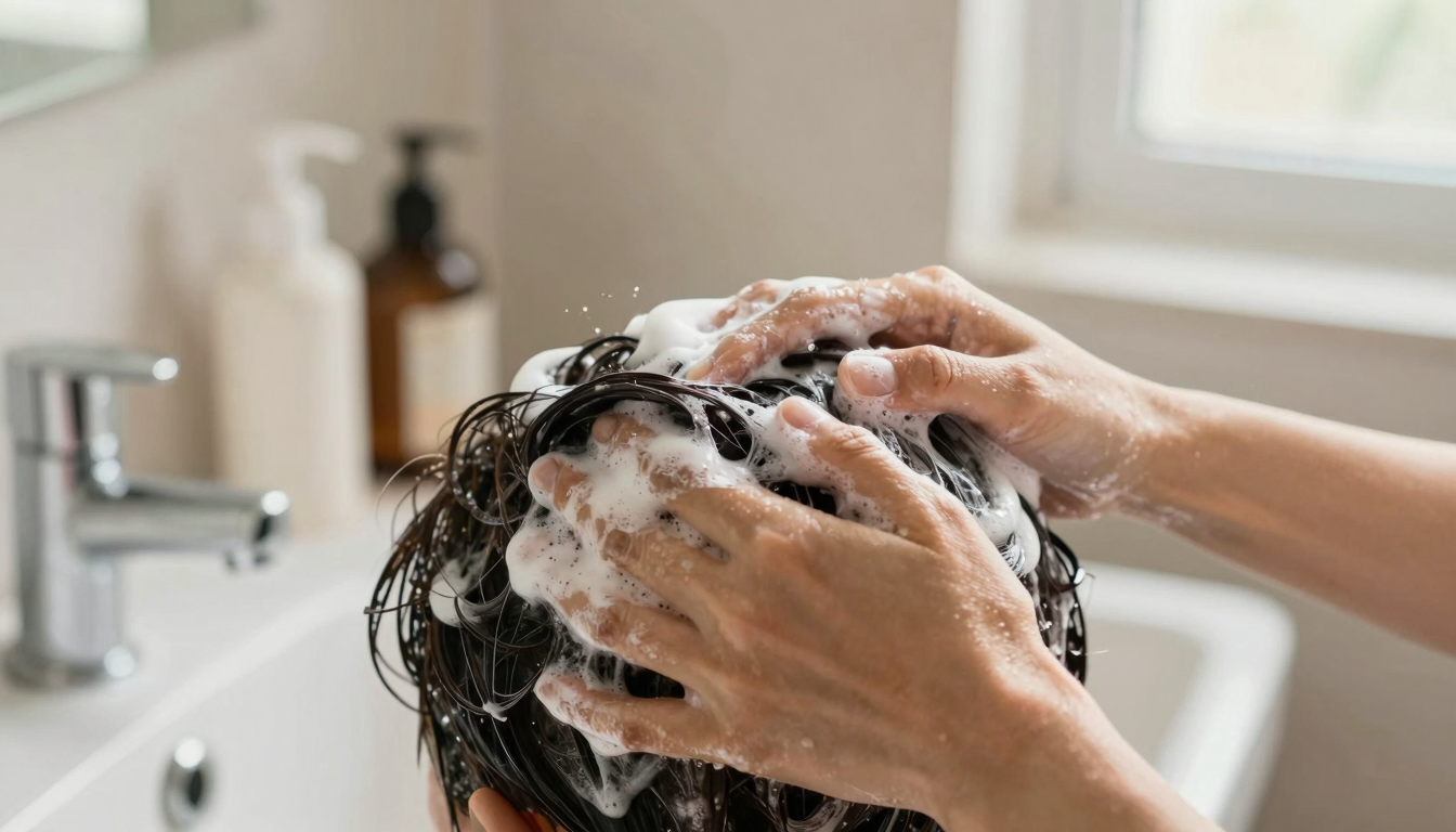 Person applying hair loss treatment shampoo to scalp in bathroom with natural morning light